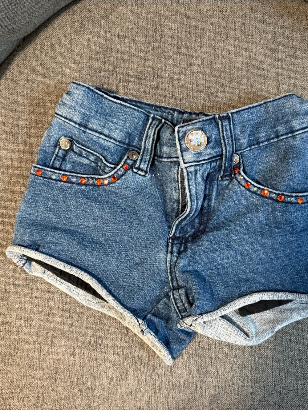 Girl’s Denim Shorts with Orange Rhinestone Trim